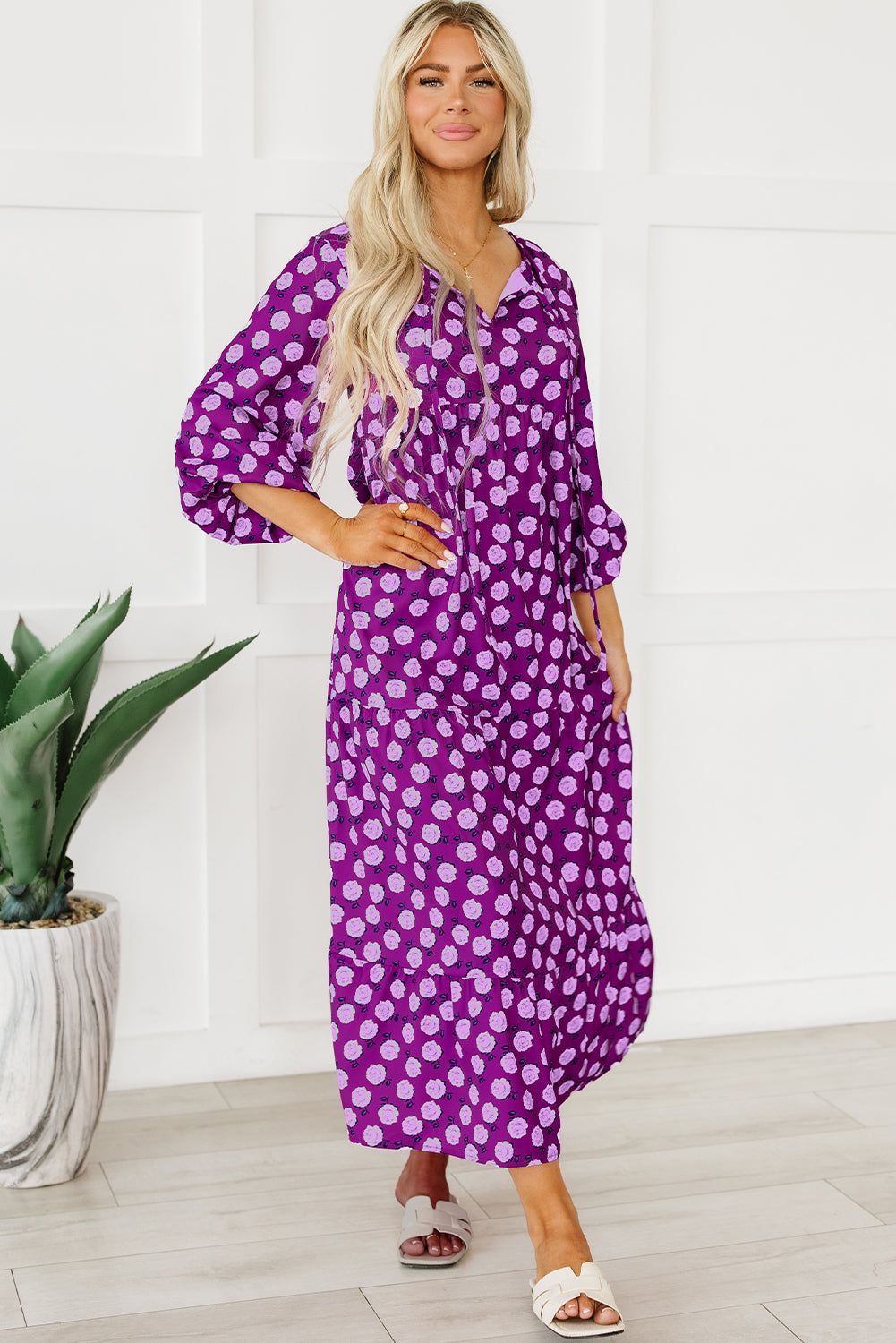 Robe longue violette imprimée bohème à manches bouffantes