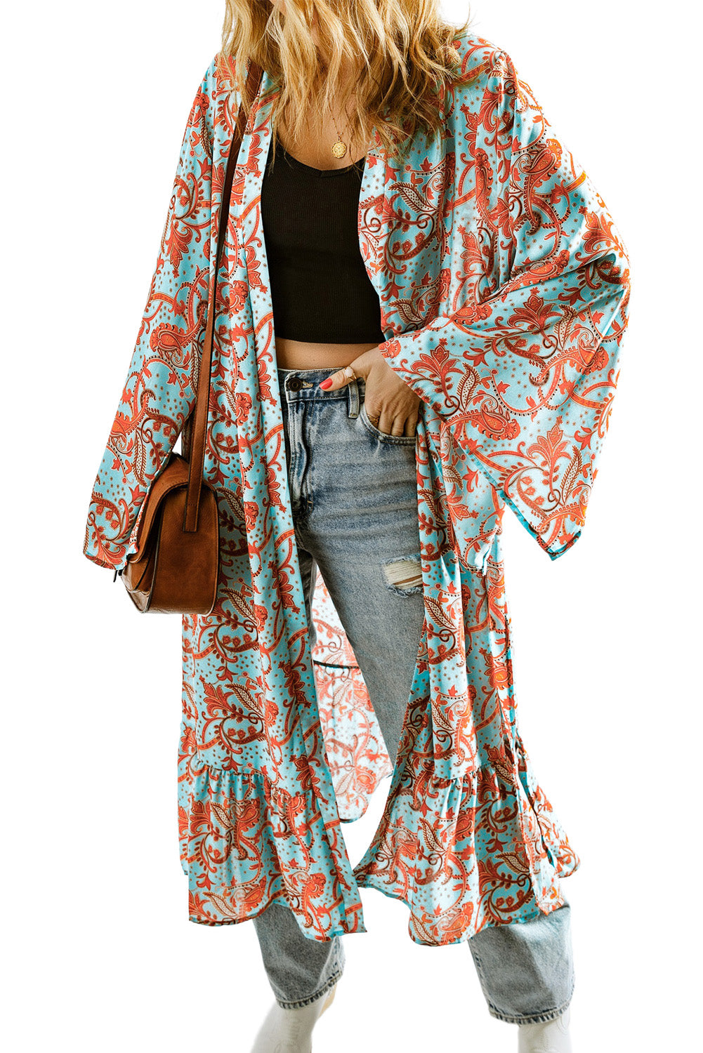 Kimono surdimensionné à manches longues et imprimé floral rétro style bohème bleu ciel