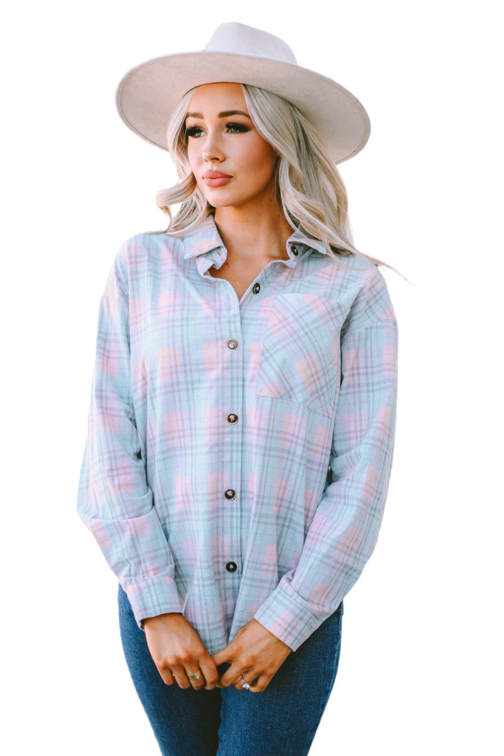 Collared Neckline Plaid Pattern Long Sleeve Shirt