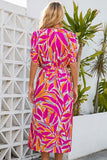 Tropical Leafy Print Drawstring V Neck Midi Dress