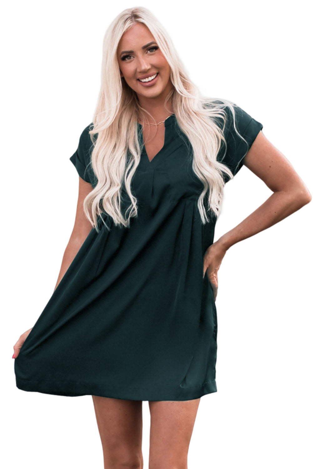 Notched Neckline Cuffed Short Sleeve Shift Dress