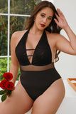 Lingerie Teddy noire grande taille en dentelle florale en maille à pois