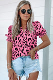 Leopard Notch Neck Bubble Sleeve Blouse