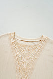 Beige Lace Crochet Patched Cable Textured Cuffed Short Sleeve Plus Size Top