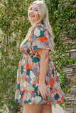 Plus Size Shirred Mixed Print Ruffle Dress