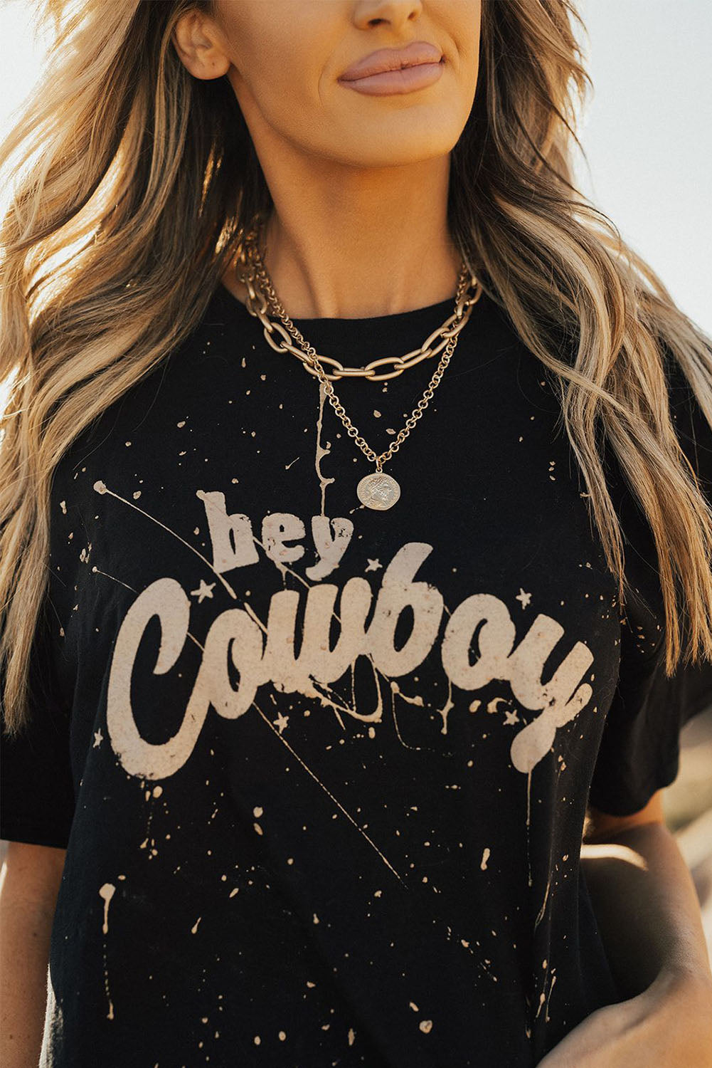 T-shirt noir Hey Cowboy Vintage éclaboussé 