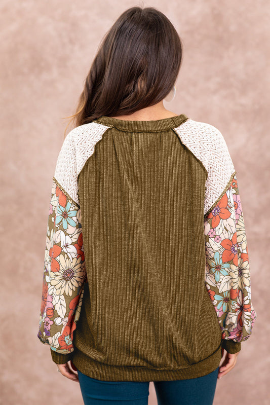 Brown Floral Patchwork Puff Sleeve Textured Blouse