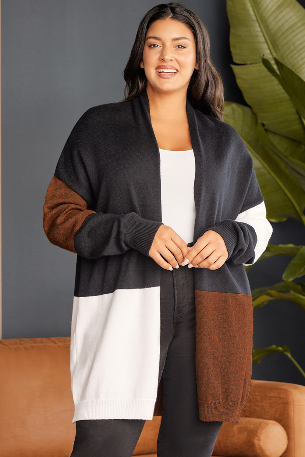 Cardigan color block ouvert sur le devant de grande taille marron 