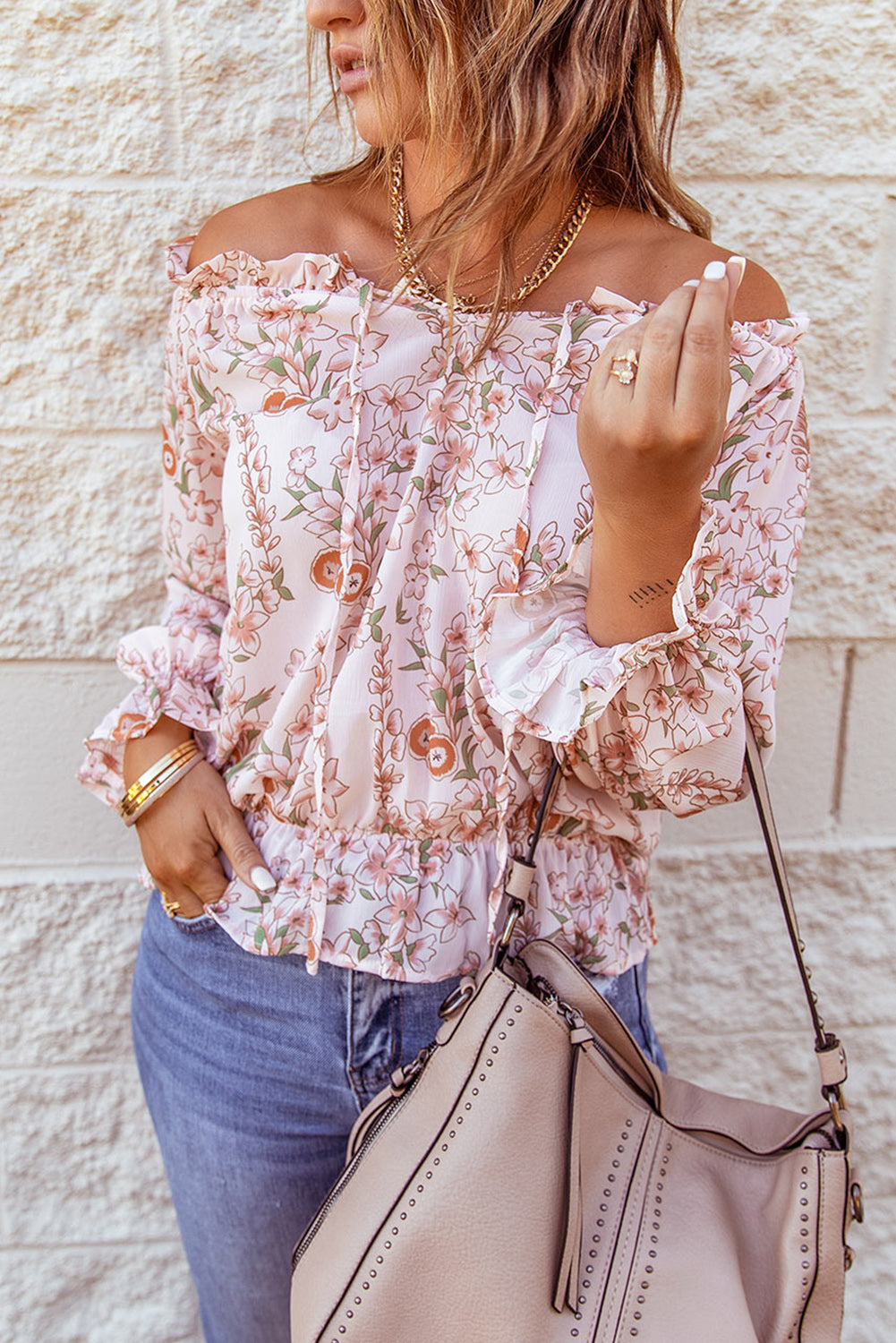 Off The Shoulder Puff Sleeve Ruffled Floral Print Blouse