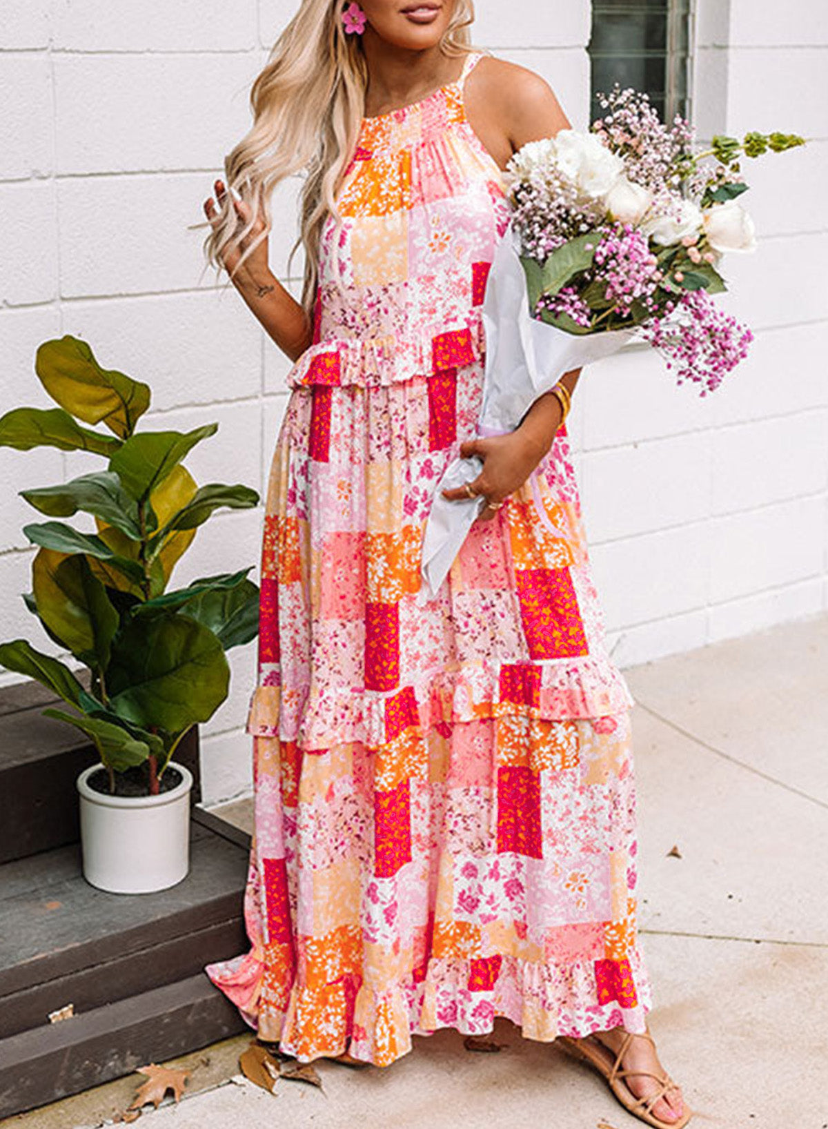 Boho Geometric Floral Print Sleeveless Maxi Dress