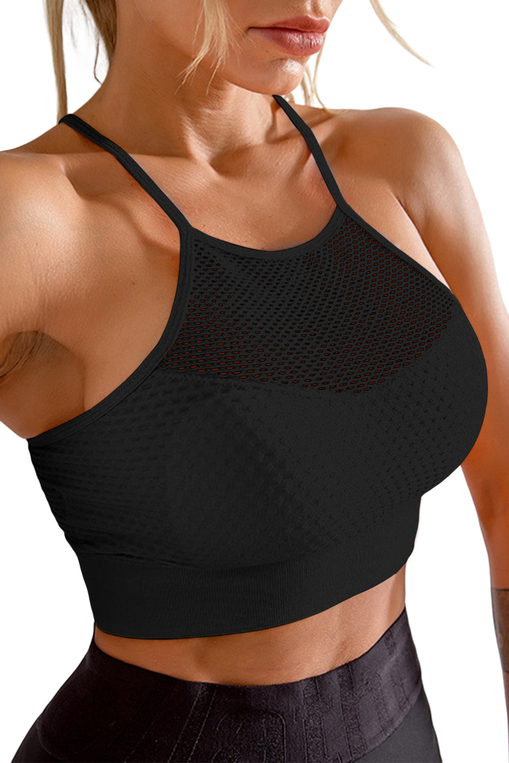 Camisole de yoga à épissure ajourée en maille noire