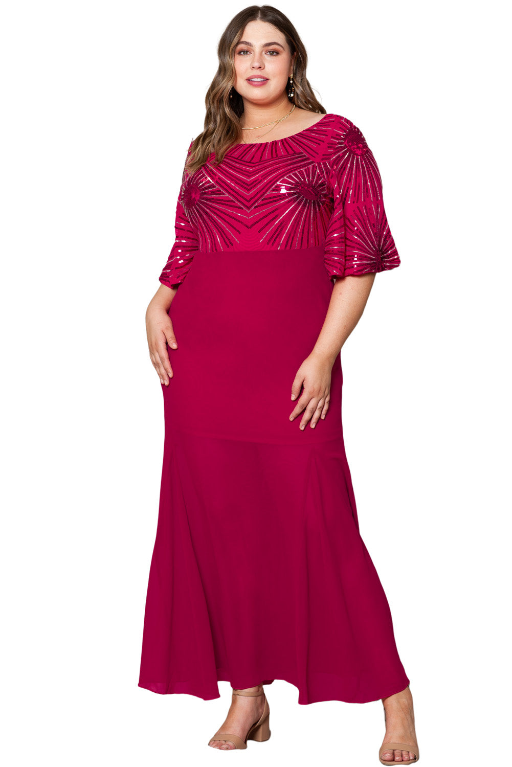 Sequin Mesh Open Back Plus Size Maxi Dress