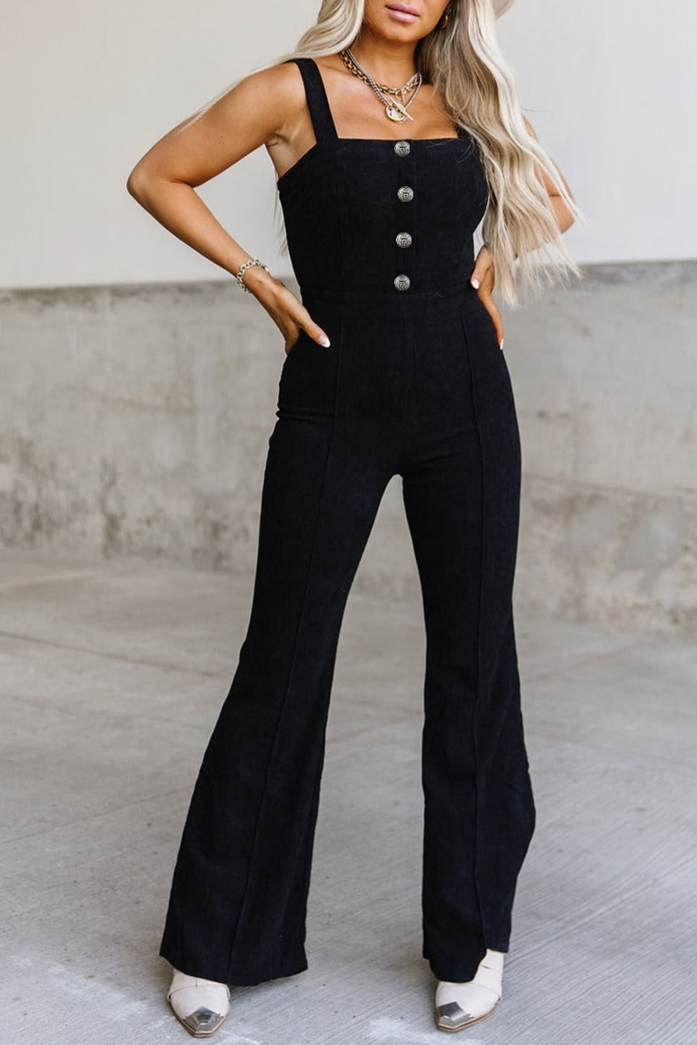 Sleeveless Buttoned Bodice Wide Leg Corduroy Jumpsuit