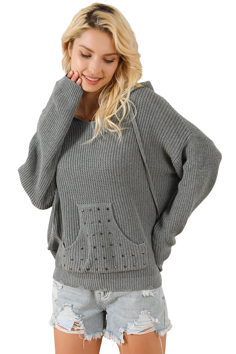 Pull à capuche gris avec poche kangourou et rivets