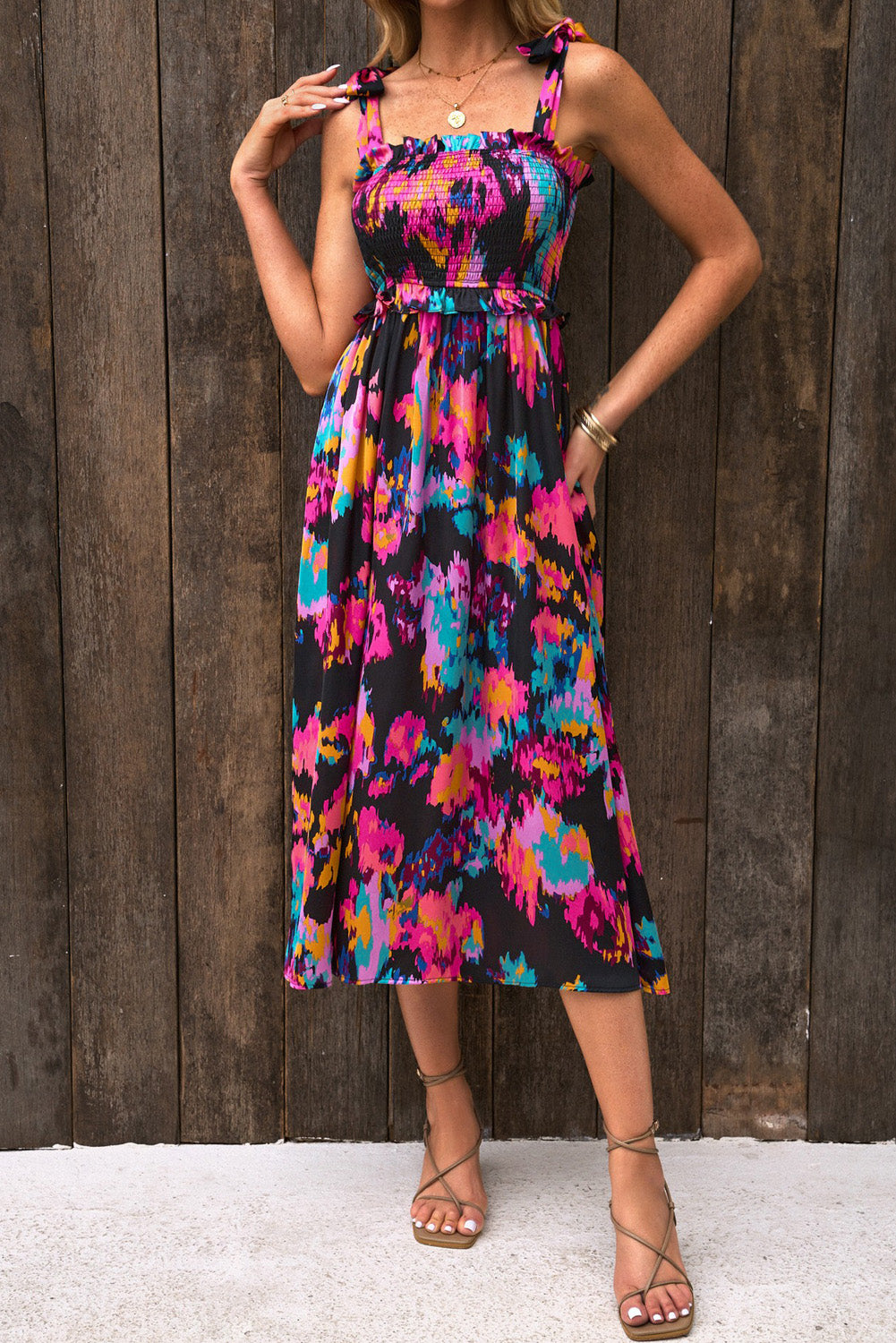 Abstract Floral Pattern Flutter Sleeve Tiered Maxi Dress