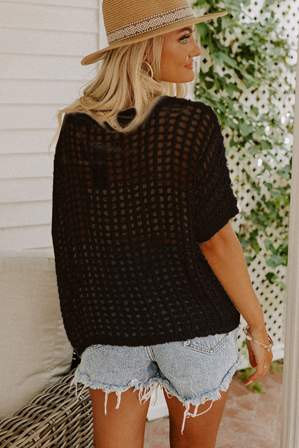 Fishnet Knit Ribbed Round Neck Short Sleeve Sweater Tee