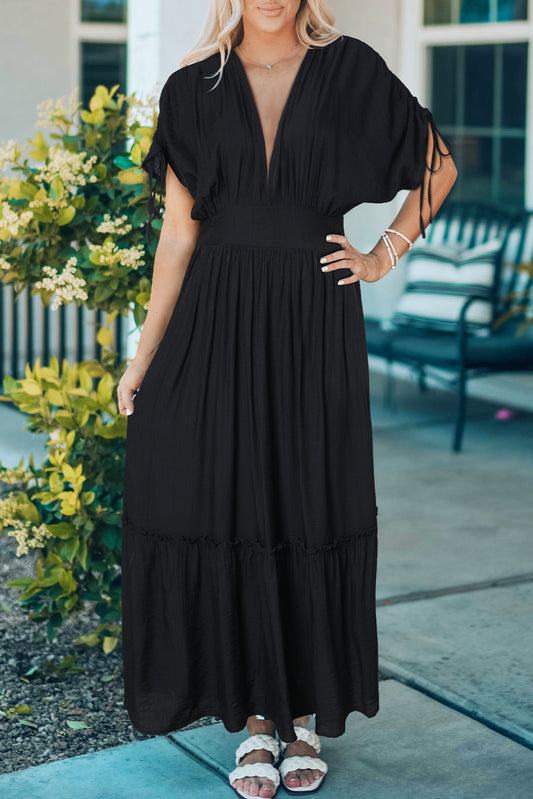 Drawstring Pleated Kimono Sleeve Ruffle Maxi Dress