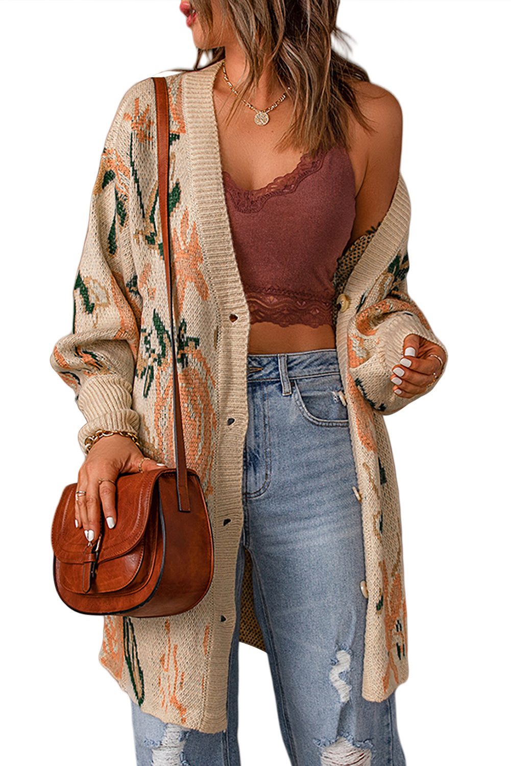 Abstract Floral Knit Button Down Long Cardigan