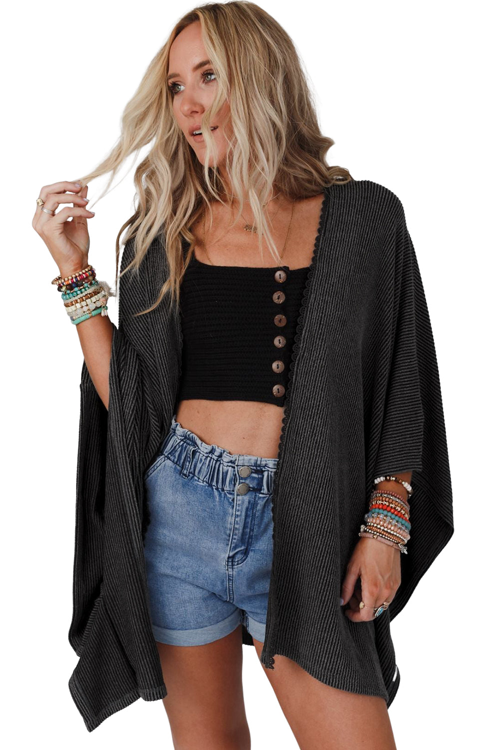 Lace Trim Ribbed Oversize Kimono