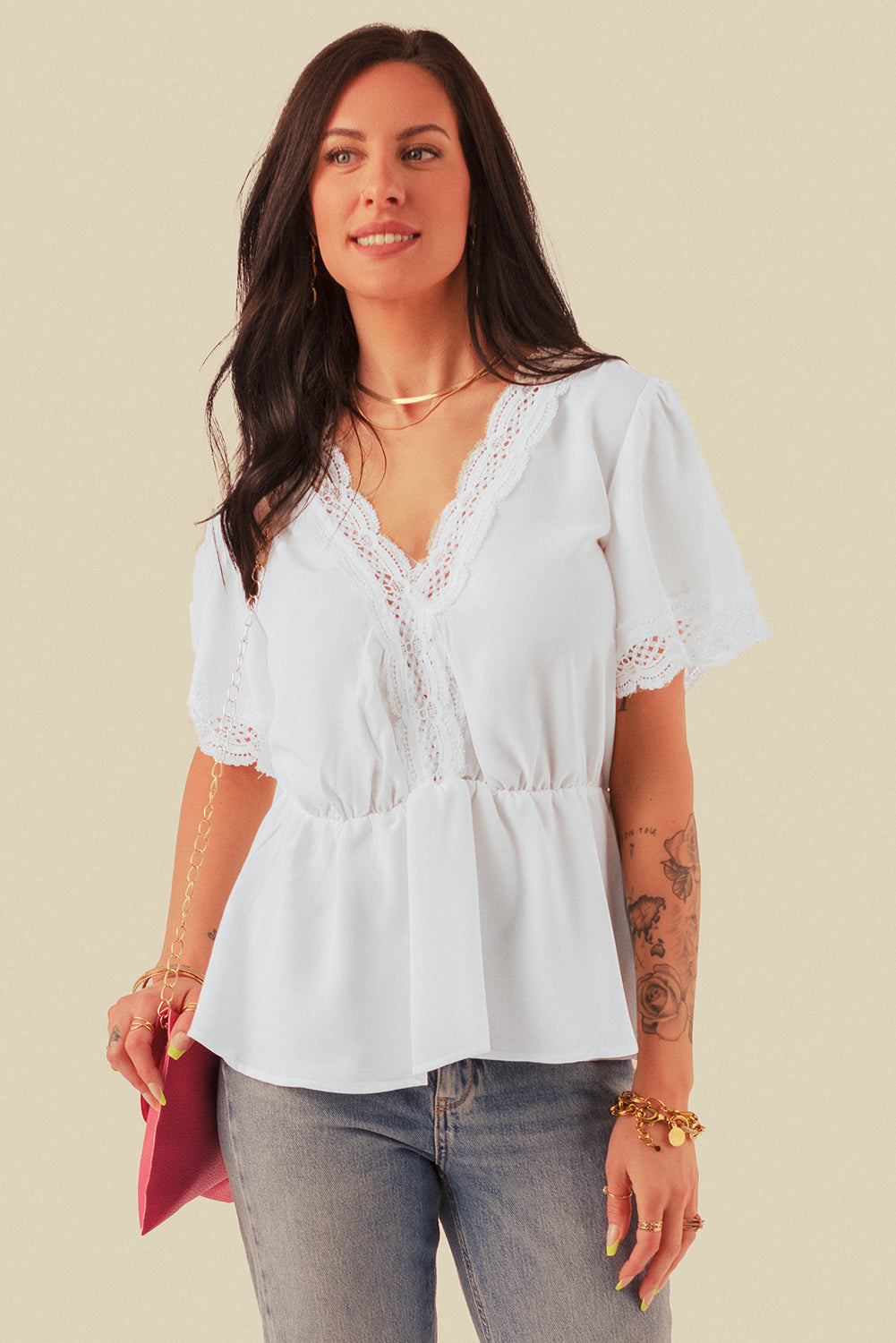 Lace Splicing V Neck Short Sleeve Blouse