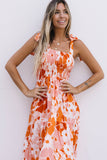 Shirred Lace-up Strap Sleeveless Floral Maxi Dress