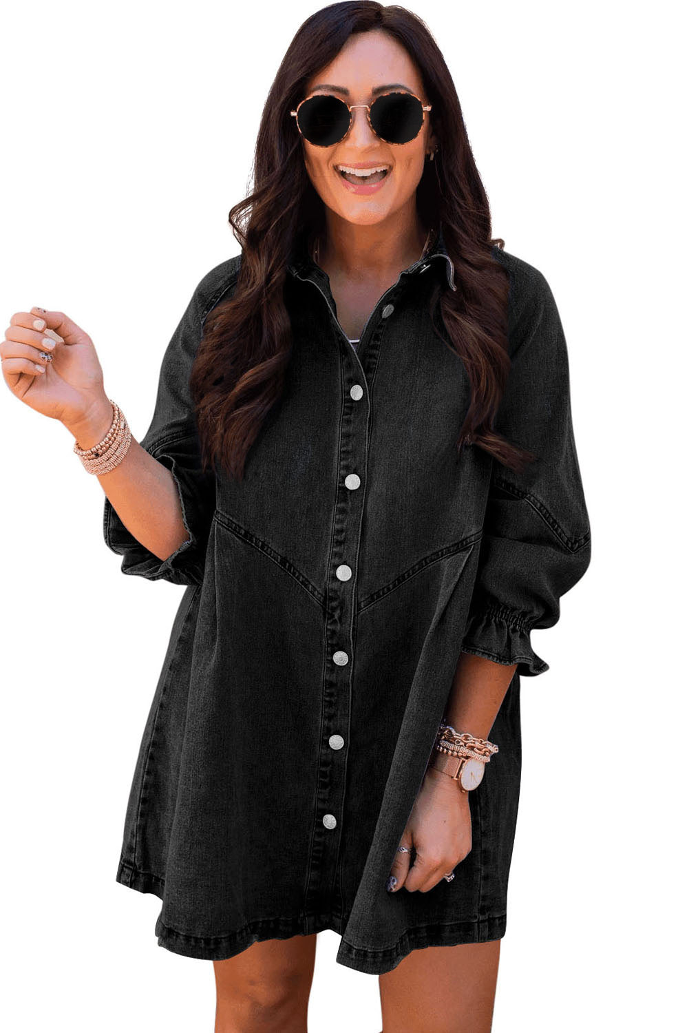 Gray Buttoned Long Sleeve Denim Mini Dress