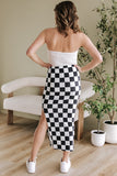 White Checkered Print Side Slit High Waist Midi Skirt