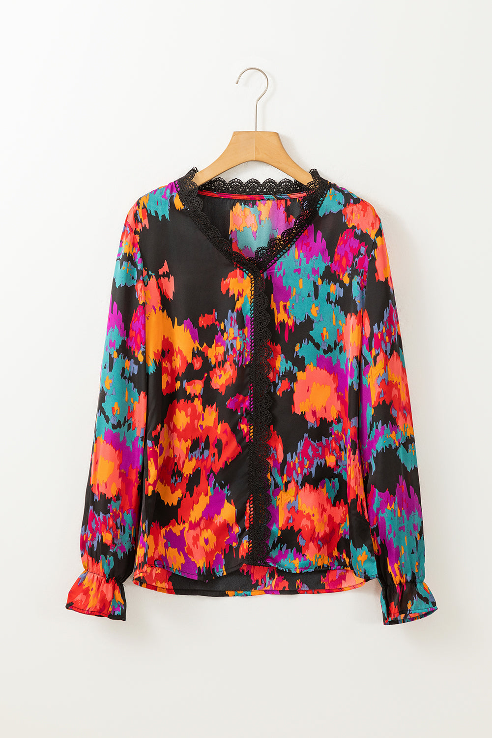 Green Graffiti Printed V Neck Puff Sleeve Blouse