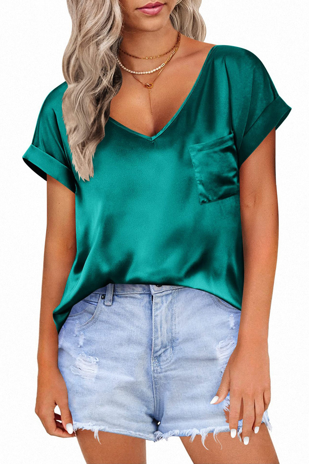 Satin V Neck Pocket Short Sleeves Top