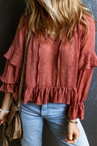 Swiss Dot Lace up V Neck Ruffled Blouse