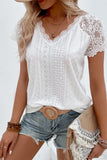 White Sheer Lace Short Sleeves Eyelet Embroidered Tee