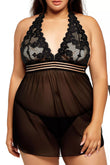 Ensemble de Lingerie Noir Grande Taille à Col Halter en Maille et Dentelle