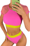 Mesh Short Sleeve Contrast Trim 2pcs Bikini Swimsuit