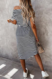 Khaki Stripe Short Sleeve Belted Wrapped Hemline T-Shirt Dress