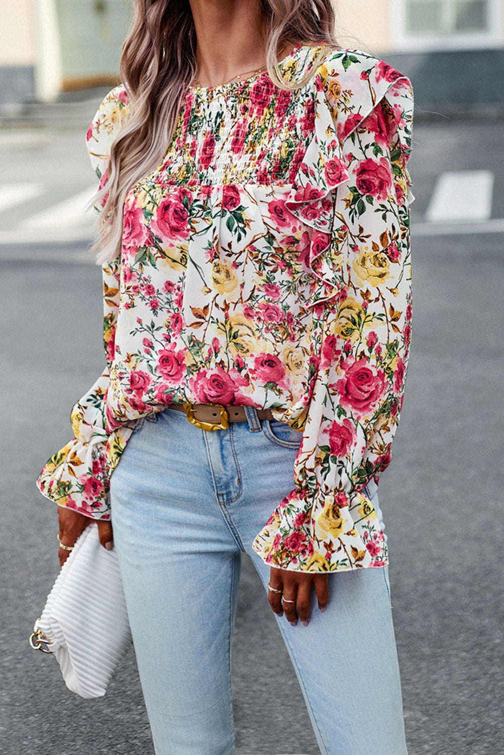 Floral Printed Ruffle Trim Long Sleeve Blouse