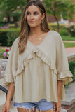 V Neck Draped Batwing Sleeve Ruffle Top