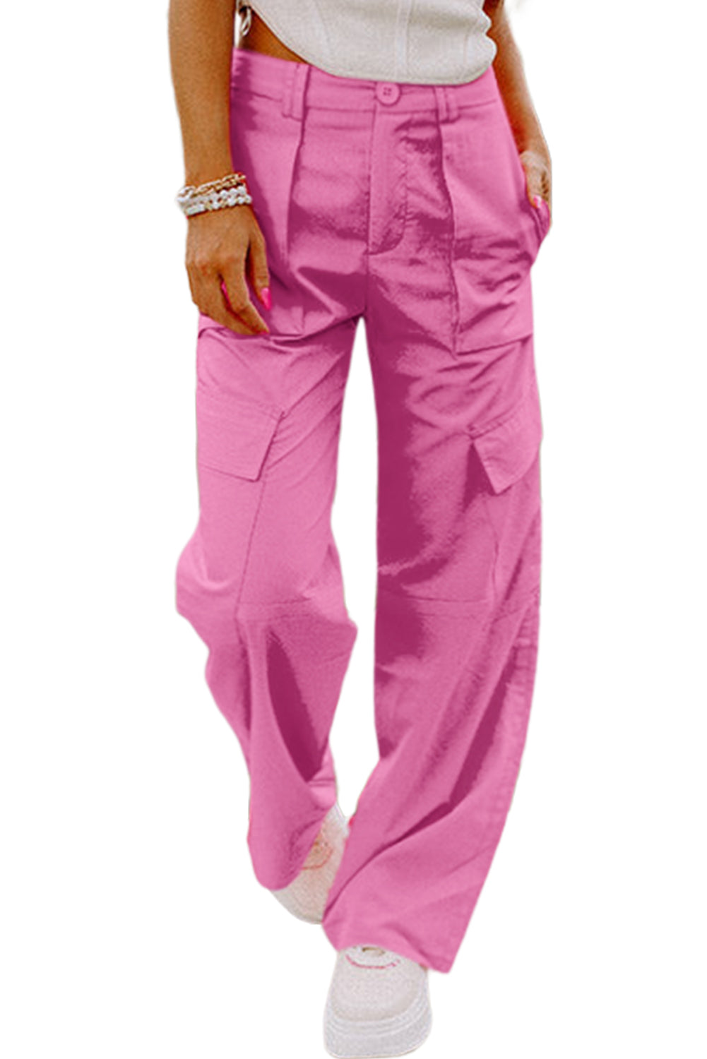 Pantalon cargo taille haute rose