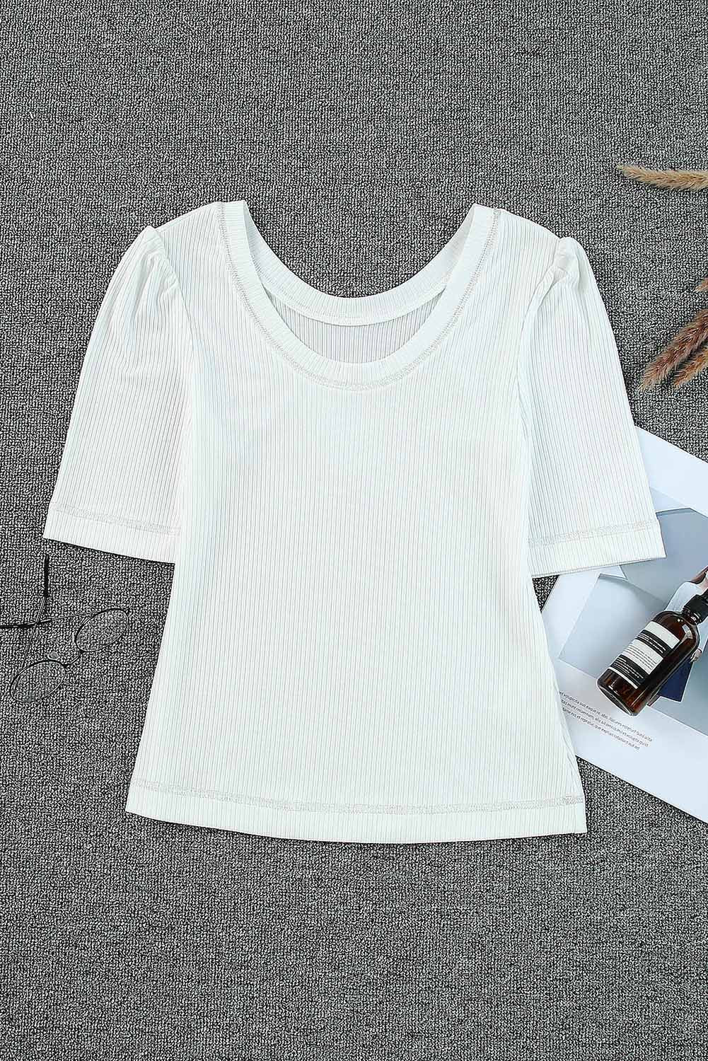 Round Neck Half Sleeve Ribbed Knit Top