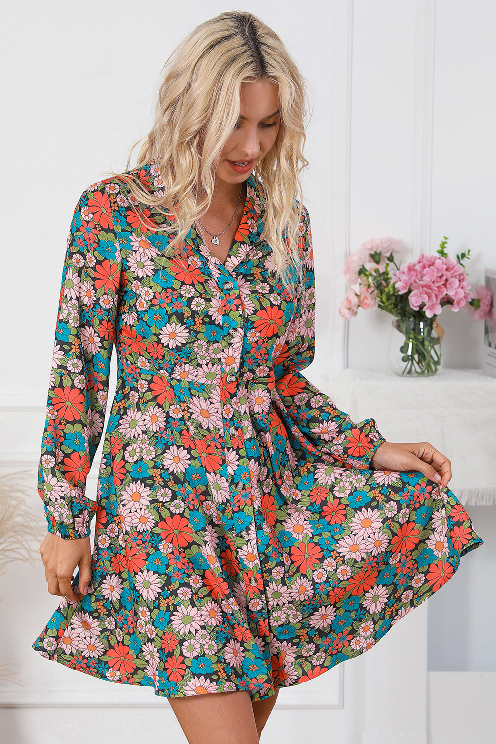 Vibrant Floral Print Lapel Collar Button Closure Shirt Dress