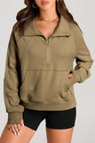 Brown Quarter Zip Stand Neck Kangaroo Pocket Sweatshirt