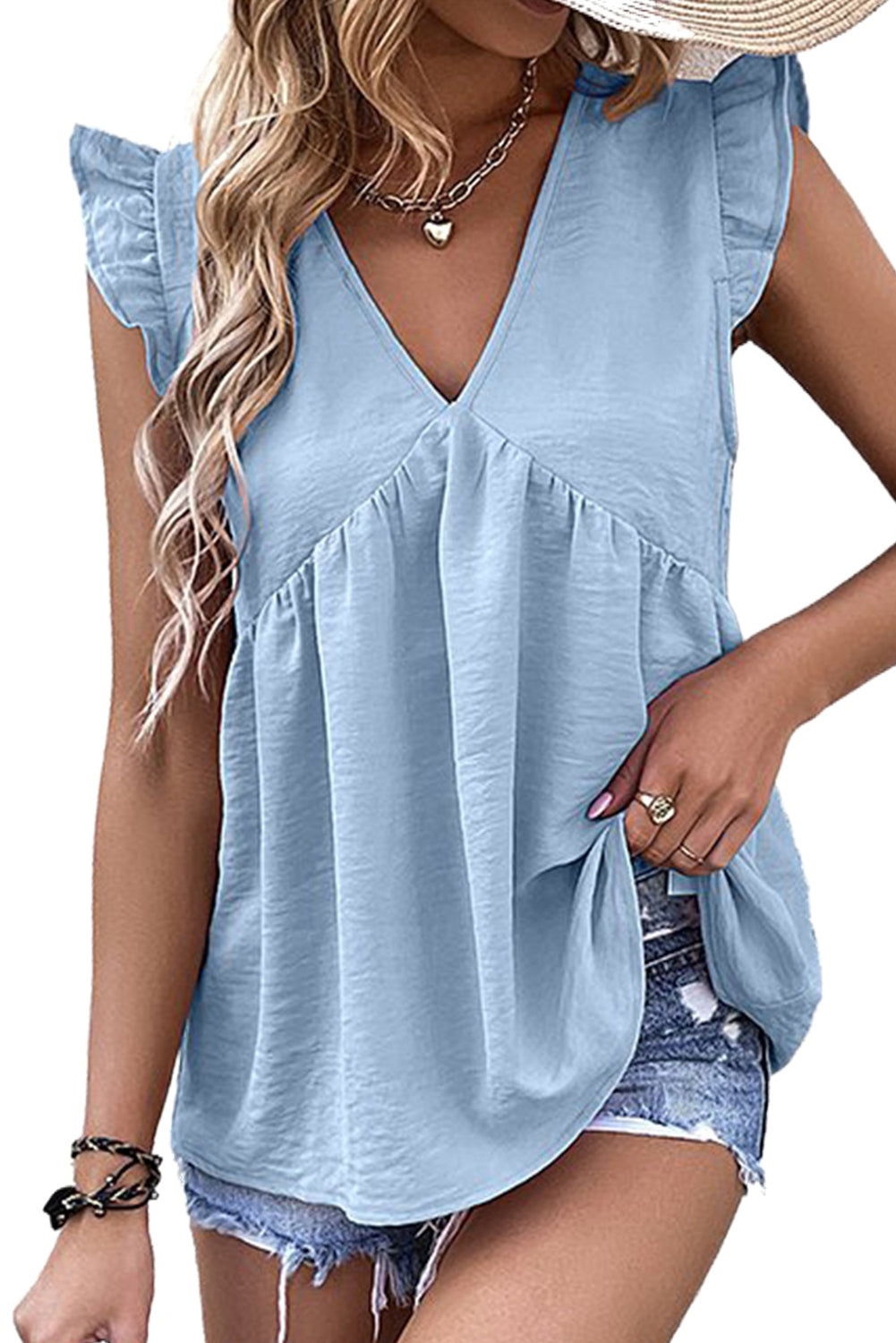 V Neck Flutter Sleeveless Top