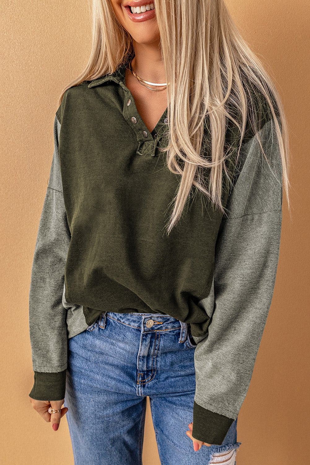 Patchwork Button Down Neckline Hoodie