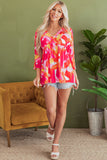 Orange Abstract Print 3/4 Sleeve V Neck Ruffled Babydoll Blouse