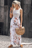 Striped Floral Print Sleeveless Maxi Dress with Pocket