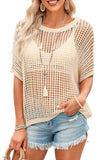 Fishnet Knit Ribbed Round Neck Short Sleeve Sweater Tee