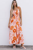 Shirred Lace-up Strap Sleeveless Floral Maxi Dress