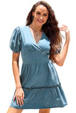 V Neck Bubble Sleeve Ruffle Flared Mini Dress