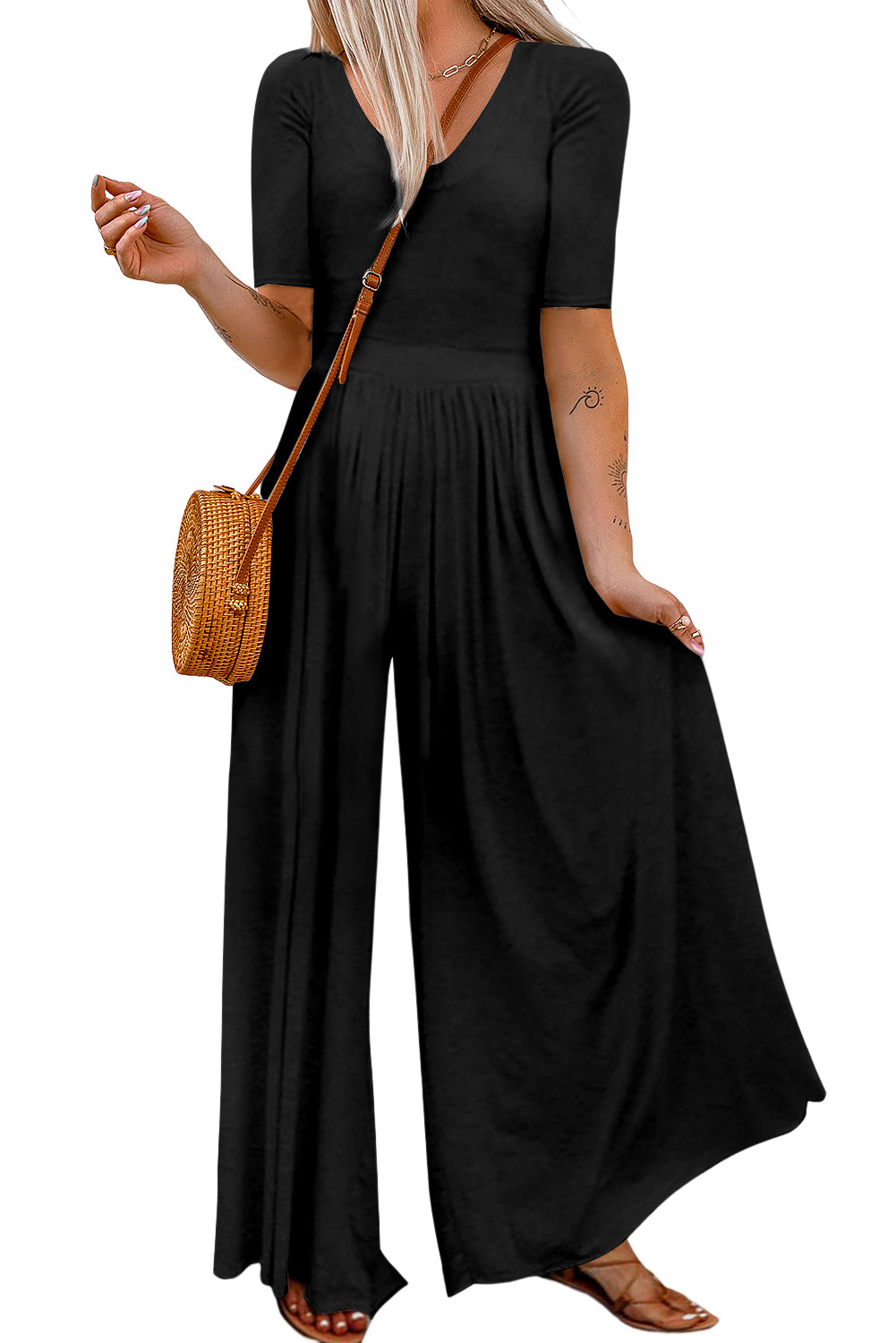 Short Sleeve Bodice Flowy Wide Leg Jumpsuit