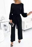 Boat Neck Bubble Sleeve Straight Legs Jumpsuit with Belt Tie