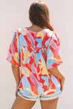 Multicolour Abstract Pattern Wide Sleeve Crew Neck Blouse